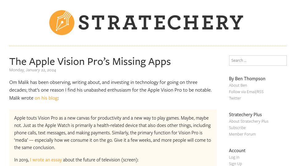 Screenshot of stratechery.com: The Apple Vision Pro’s missing apps