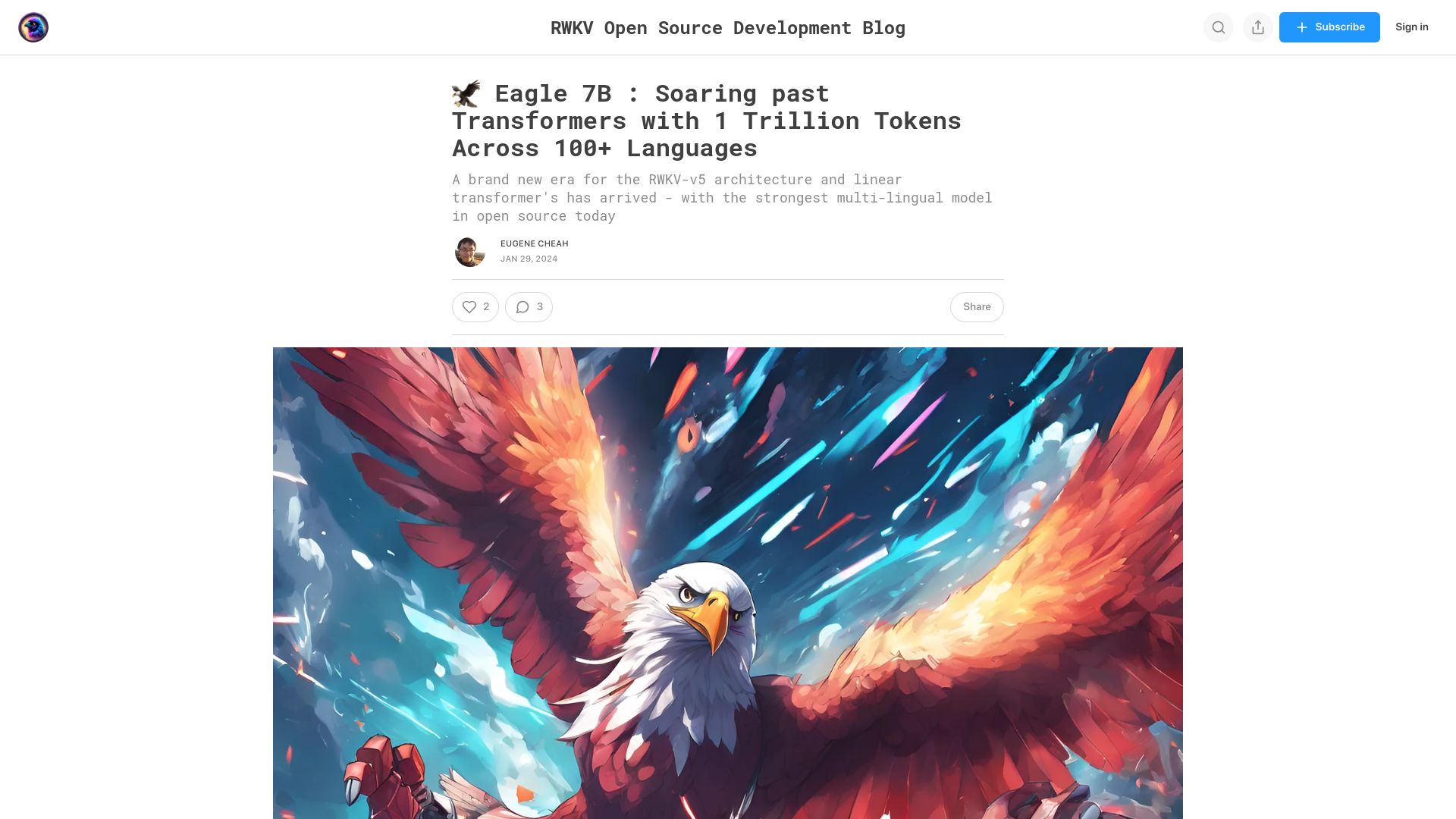 Screenshot of blog.rwkv.com: Eagle 7B: Soaring past Transformers