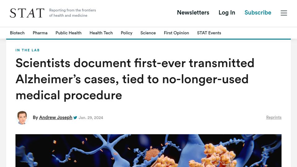 Screenshot of statnews.com: Alzheimer’s cases tied to no-longer-used medical procedure