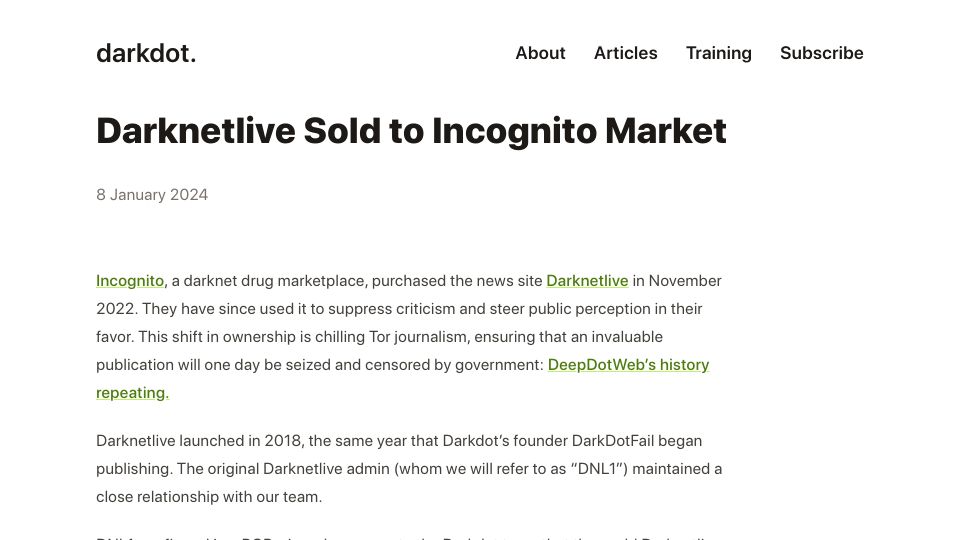 Screenshot of darkdot.com: Darknetlive Sold to Incognito Market
