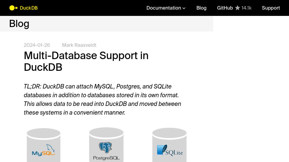 Screenshot of duckdb.org: Multi-database support in DuckDB
