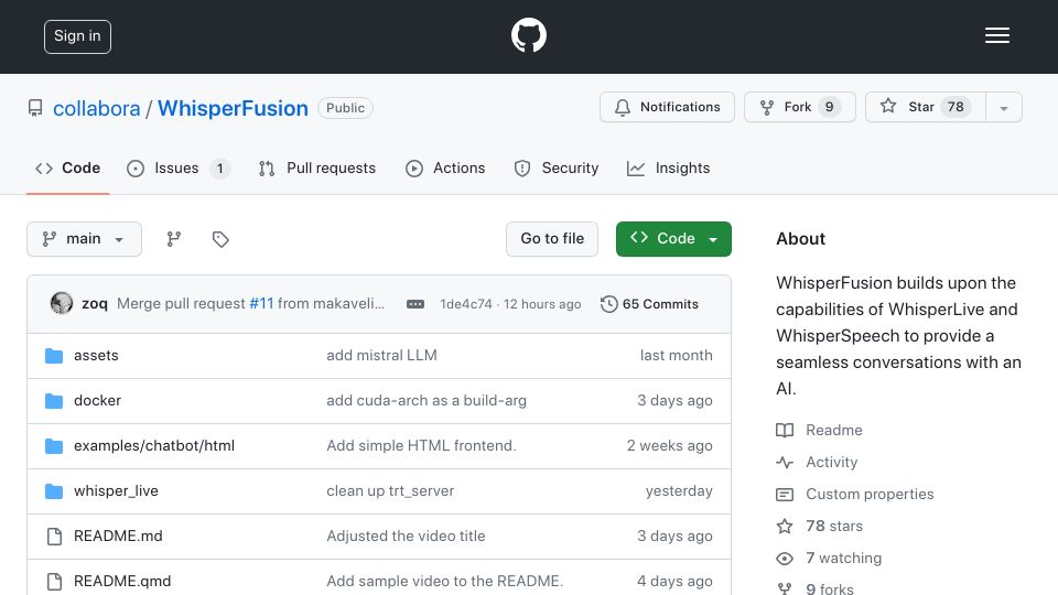 Screenshot of github.com: Show HN: WhisperFusion – Low-latency conversations with an AI chatbot
