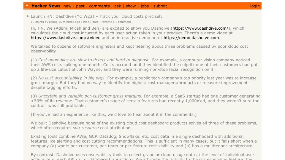 Screenshot of Hacker News post: Launch HN: Dashdive (YC W23) – Track your cloud costs precisely