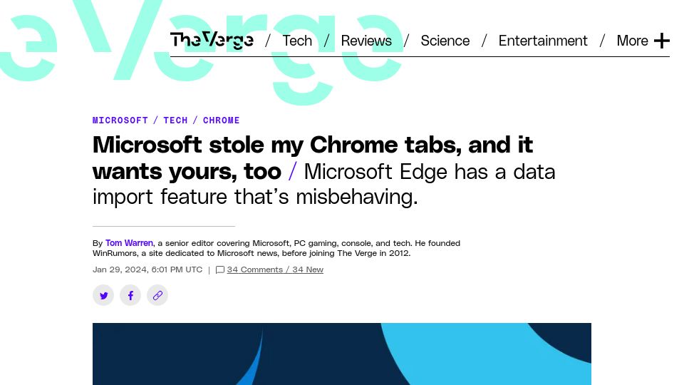 Screenshot of theverge.com: Microsoft stole my Chrome tabs, and it wants yours, too