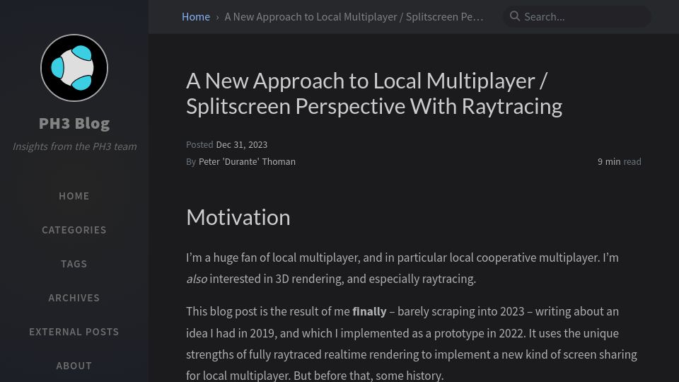 Screenshot of ph3at.github.io: A new approach to local multiplayer / splitscreen perspective with raytracing