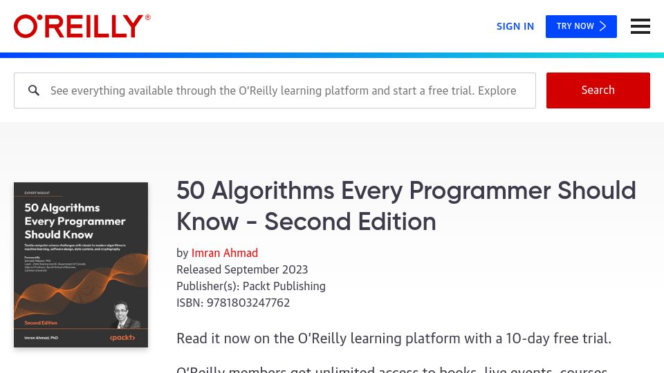 Screenshot of oreilly.com: 50 Algorithms Every Programmer Should Know (Second Edition)