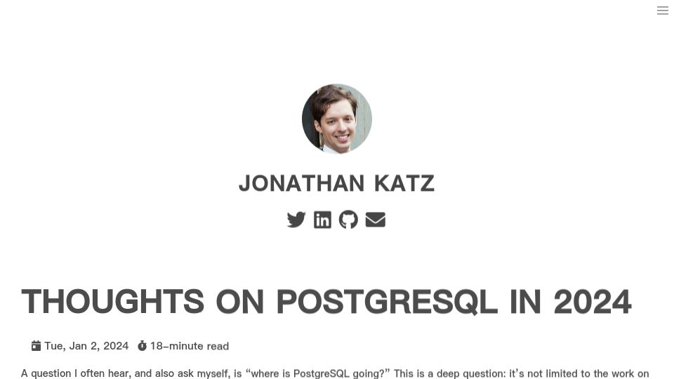 Screenshot of jkatz05.com: Thoughts on PostgreSQL in 2024