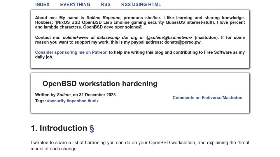 Screenshot of dataswamp.org: OpenBSD Workstation Hardening