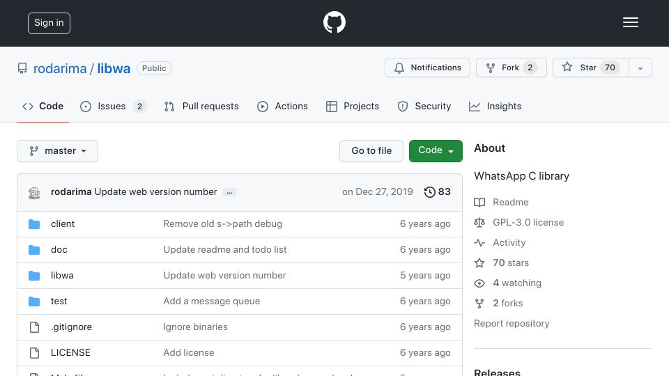 Screenshot of github.com: Libwa: WhatsApp C Library