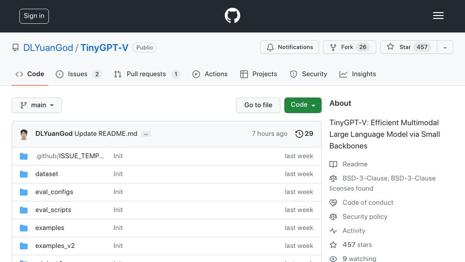 Screenshot of github.com: TinyGPT-V: Efficient Multimodal Large Language Model via Small Backbones