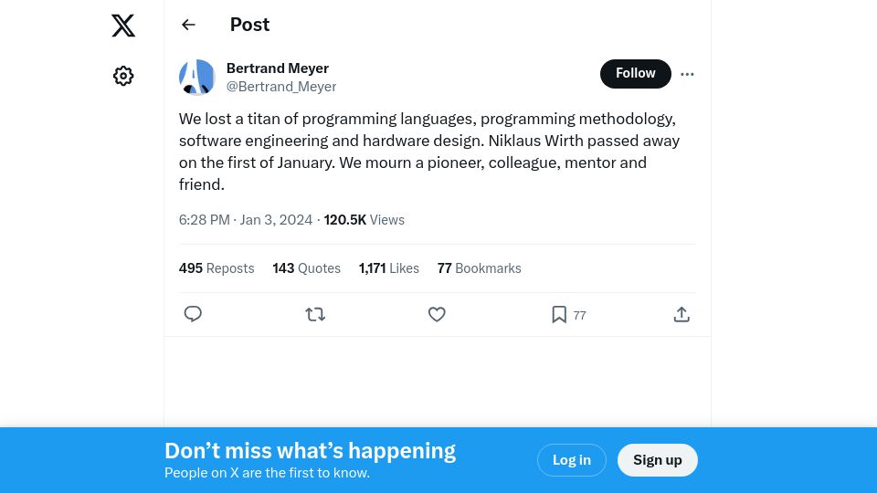 Screenshot of twitter.com: Niklaus Wirth has died