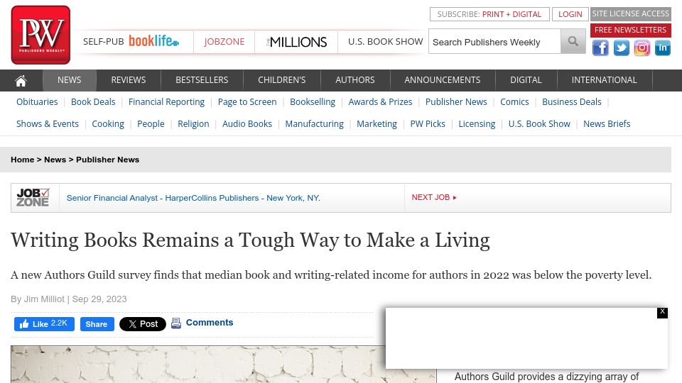 Screenshot of publishersweekly.com: Writing books remains a tough way to make a living