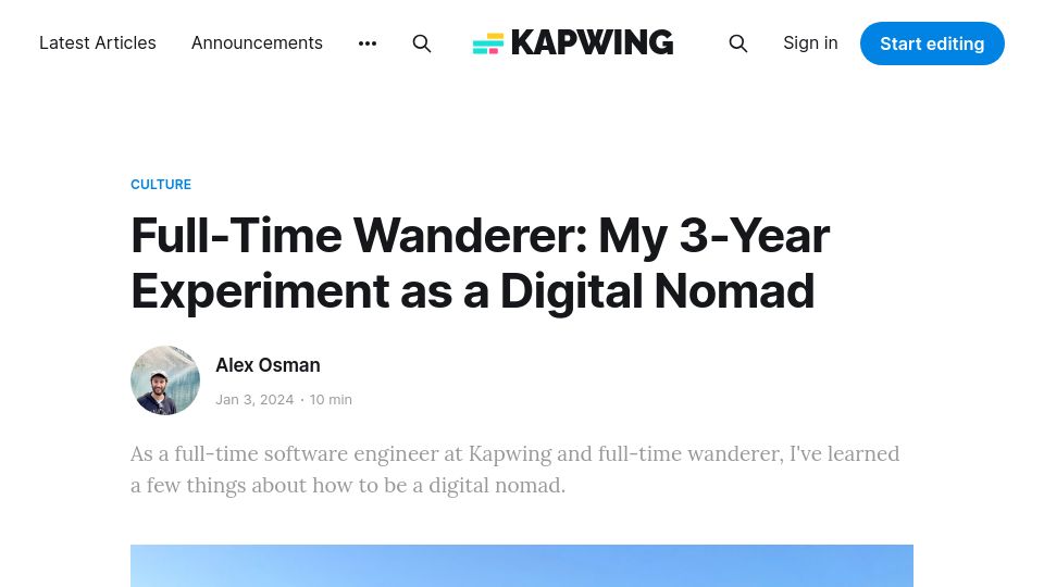 Screenshot of kapwing.com: My 3-year experiment as a digital nomad