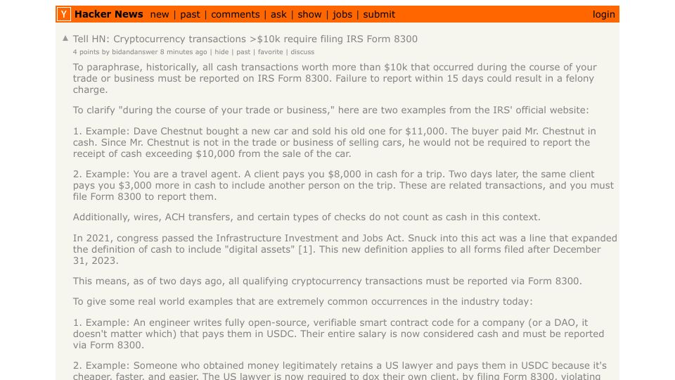 Screenshot of Hacker News post: Tell HN: Cryptocurrency transactions >$10k require filing IRS Form 8300