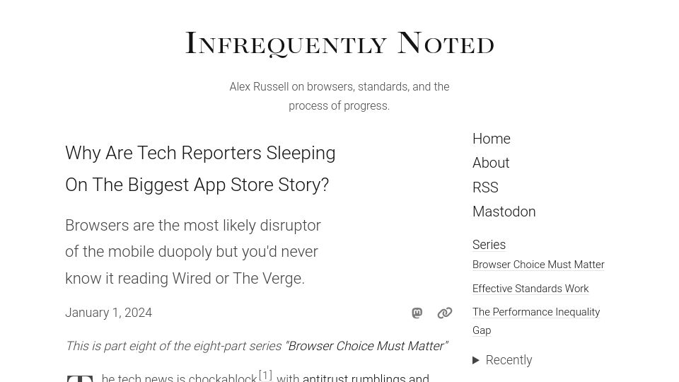 Screenshot of infrequently.org: Browsers are the most likely disruptor of the mobile duopoly