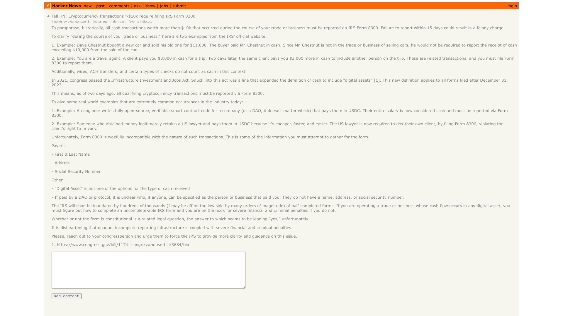 Screenshot of this Hacker News post: Tell HN: Cryptocurrency transactions >$10k require filing IRS Form 8300