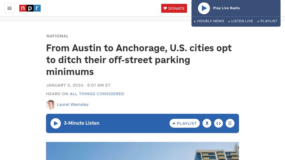 Screenshot of npr.org: U.S. cities opt to ditch their off-street parking minimums