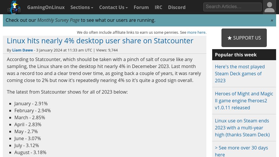 Screenshot of gamingonlinux.com: Linux hits nearly 4% desktop user share on Statcounter