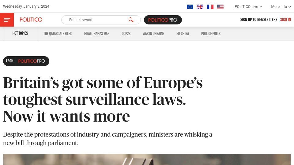 Screenshot of politico.eu: Britain's got some of Europe's toughest surveillance laws. Now it wants more