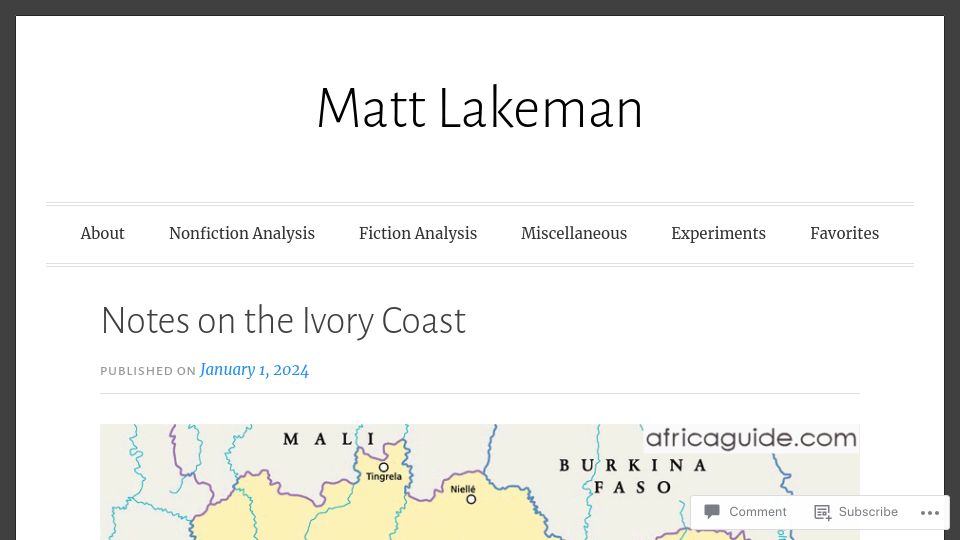 Screenshot of mattlakeman.org: Notes on the Ivory Coast
