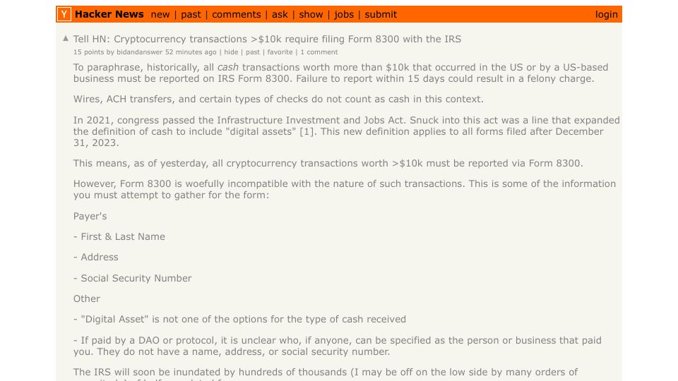 Screenshot of Hacker News post: Tell HN: Cryptocurrency transactions >$10k require filing Form 8300 with the IRS