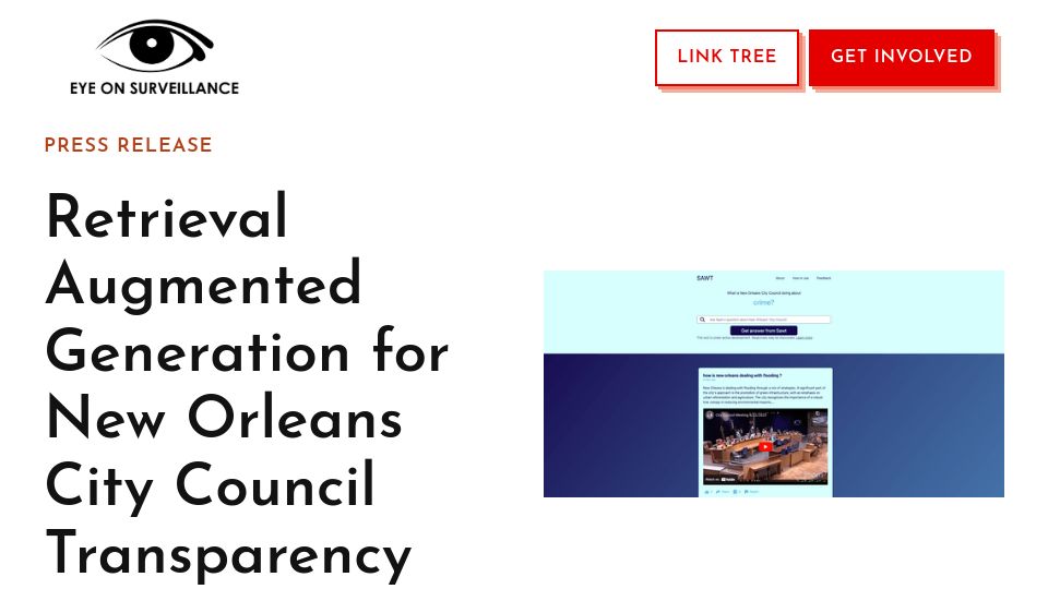 Screenshot of eyeonsurveillance.org: Retrieval Augmented Generation for New Orleans City Council Transparency