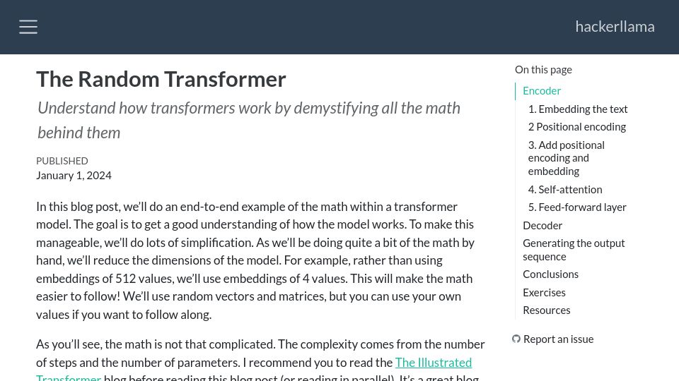 Screenshot of osanseviero.github.io: Understand how transformers work by demystifying the math behind them