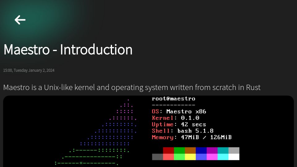Screenshot of blog.lenot.re: Maestro: A Linux-compatible kernel in Rust