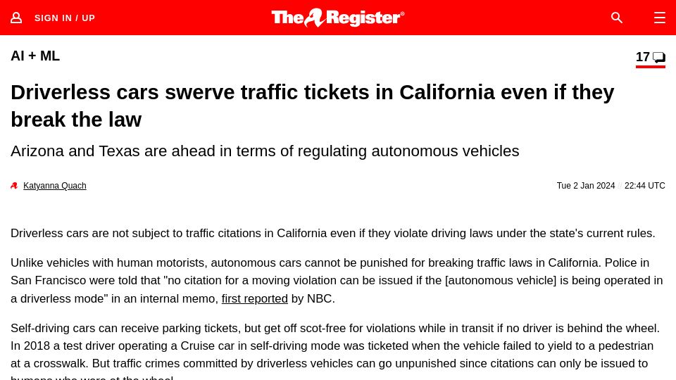 Screenshot of theregister.com: Driverless cars swerve traffic tickets in California even if they break the law
