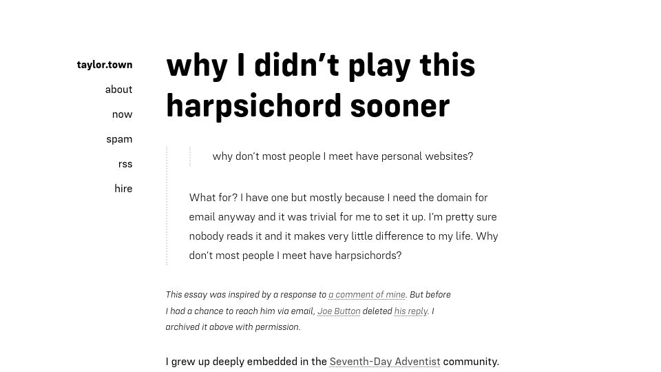 Screenshot of taylor.town: Why I didn't play this harpsichord sooner