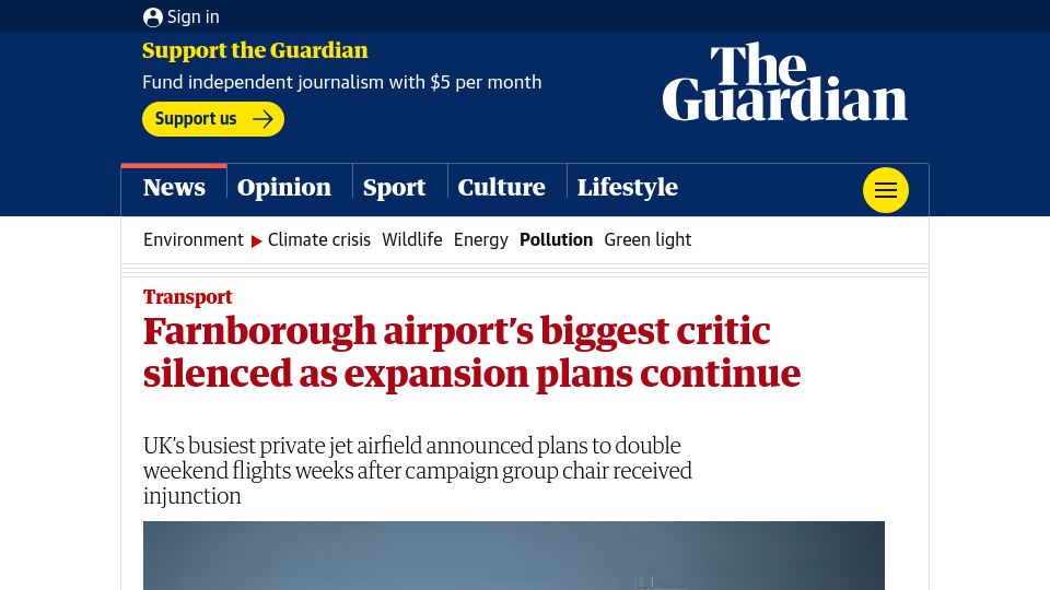 Screenshot of theguardian.com: Farnborough airport's biggest critic silenced as expansion plans continue