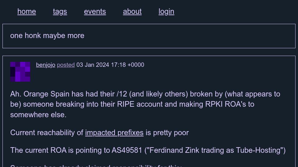 Screenshot of benjojo.co.uk: Someone was breaking into Orange Spain RIPE account (and break their /12)