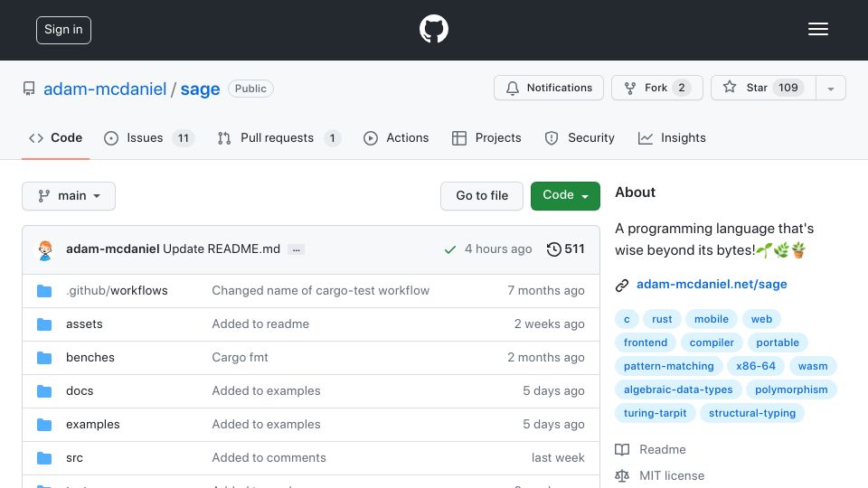 Screenshot of github.com: Show HN: The Sage Programming Language