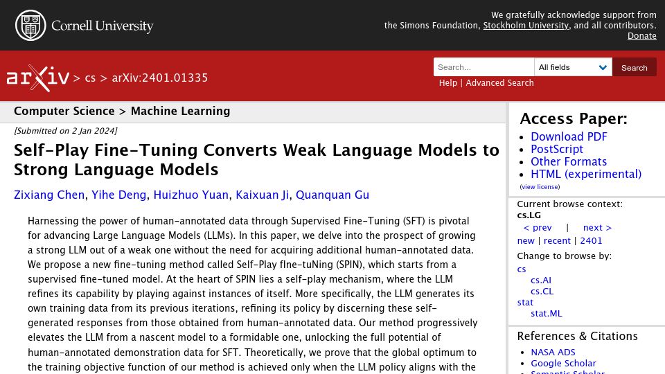Screenshot of arxiv.org: Self-Play Fine-Tuning Converts Weak Language Models to Strong Language Models
