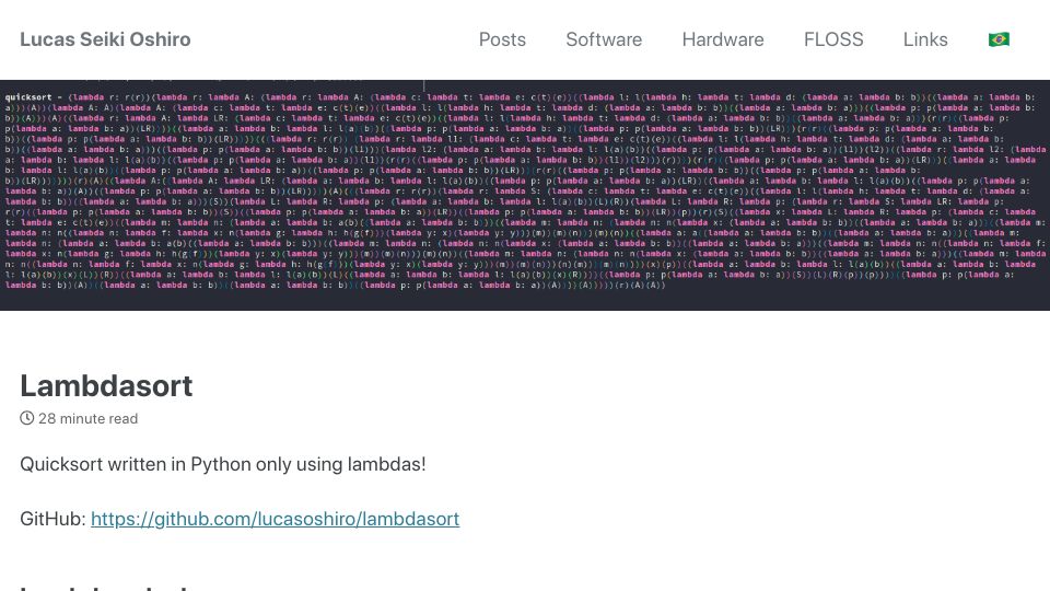 Screenshot of lucasoshiro.github.io: Lambdasort: Quicksort written in Python only using lambdas