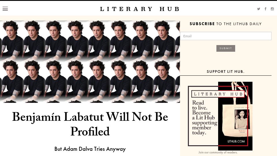Screenshot of lithub.com: Benjamín Labatut Will Not Be Profiled