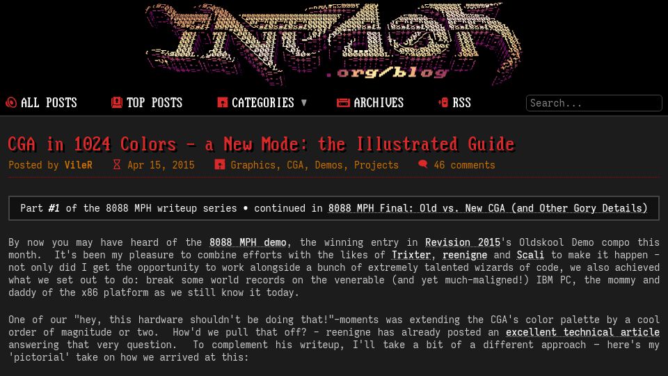 Screenshot of int10h.org: CGA in 1024 colors – a new mode (2015)