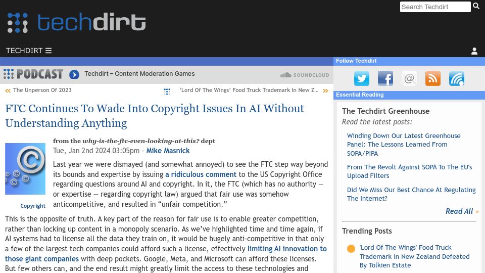 Screenshot of techdirt.com: FTC Continues to Wade into Copyright Issues in AI Without Understanding Anything