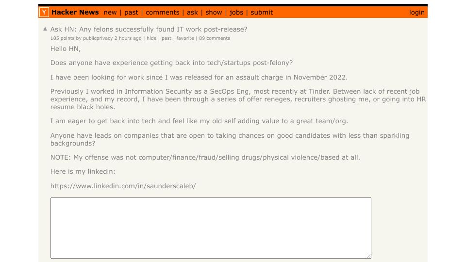 Screenshot of Hacker News post: Ask HN: Any felons successfully found IT work post-release?