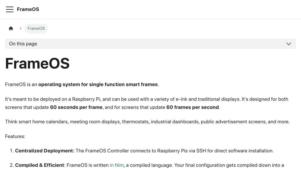 Screenshot of frameos.net: Show HN: FrameOS – operating system for single function smart frames