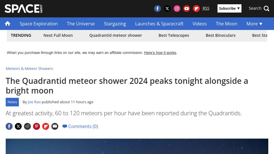 Screenshot of space.com: The Quadrantid meteor shower 2024 peaks tonight alongside a bright moon
