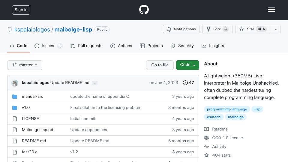 Screenshot of github.com: A lightweight Lisp interpreter in Malbolge