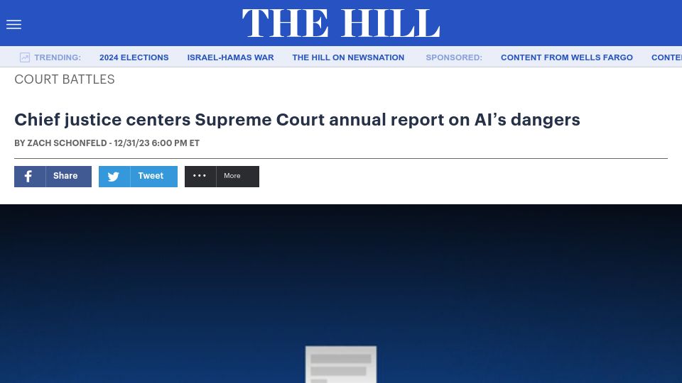 Screenshot of thehill.com: Chief justice centers Supreme Court annual report on AI's dangers