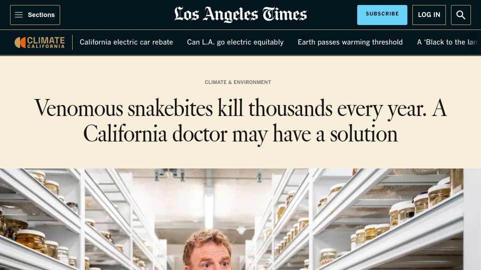 Screenshot of latimes.com: Can a pill prevent deaths from venomous snakebites?