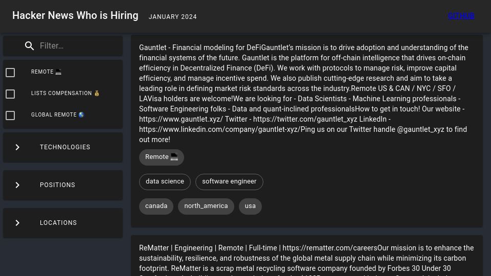 Screenshot of bernawil.github.io: Show HN: A Who is Hiring app with AI filters