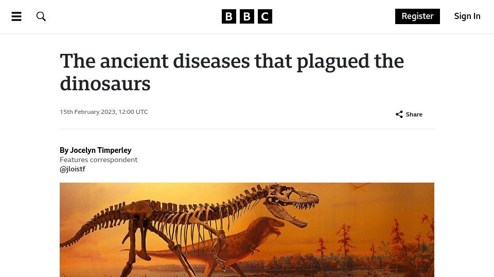 Screenshot of bbc.com: Ancient diseases that plagued the dinosaurs (2023)