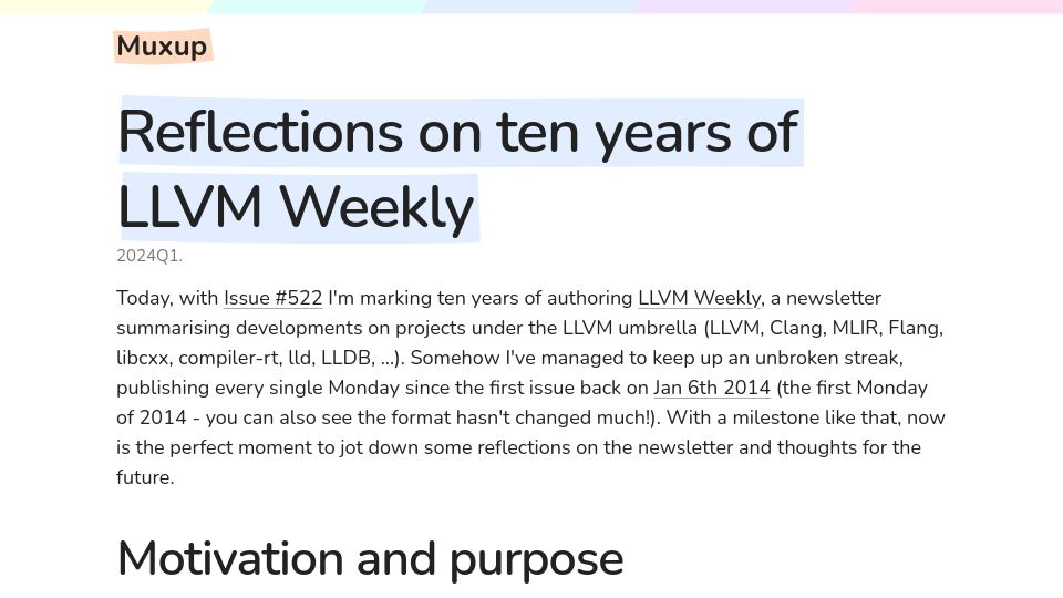 Screenshot of muxup.com: Reflections on ten years of LLVM Weekly