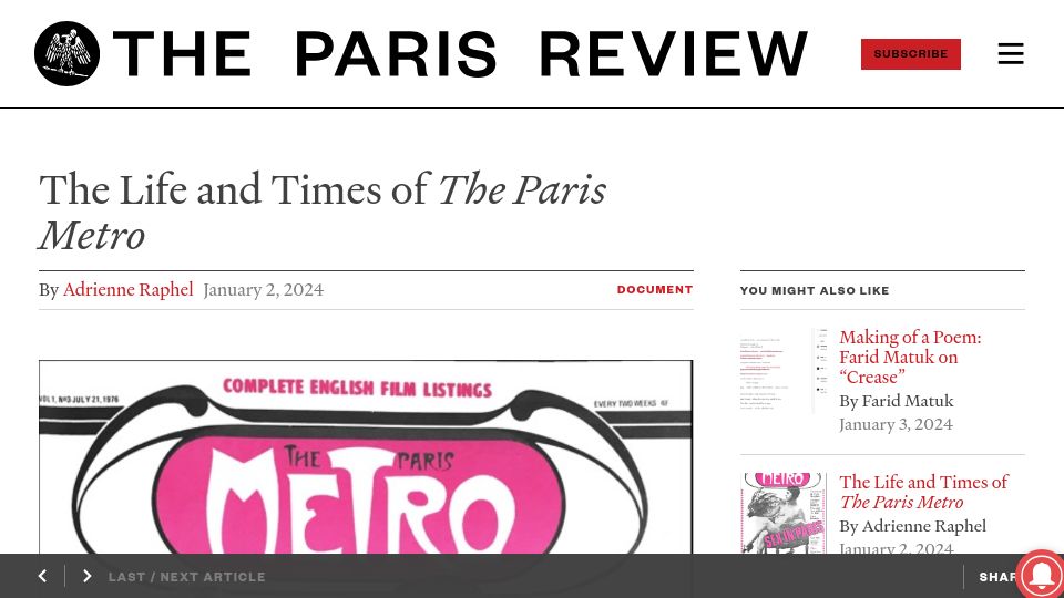 Screenshot of theparisreview.org: The Life and Times of "The Paris Metro"