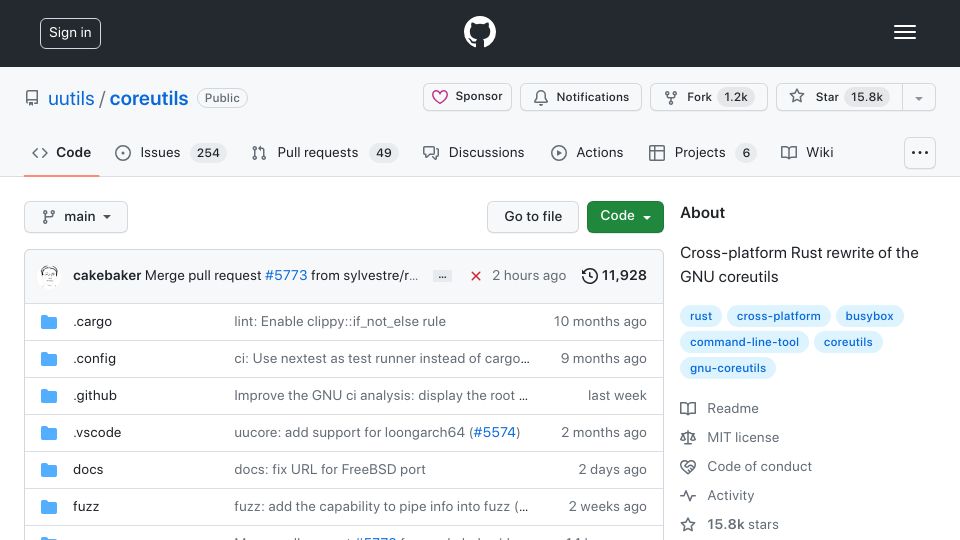 Screenshot of github.com: Cross-platform Rust rewrite of the GNU coreutils