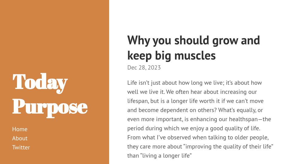 Screenshot of todaypurpose.com: Reasons to grow and keep big muscles
